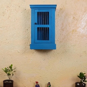 Hand Painted Blue Wooden Kitchen Wall Cabinet Decorative Hanging Cupboard Shelf Handmade Storage Unit Wall Decor Jewelry Box Home Furniture