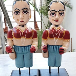 Women Dolls/Vintage Hand Carved Wooden Indian Painted Dolls/Hand Painted Statues/Decorative Festival Gift/Indian Wood Furniture/Home Decor