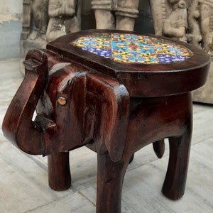Brown Wooden Elephant Statue Decorative Stool/Multicolor Tiles Side Table/Home Decor Footstool/Elephant Table/Indian Furniture/Low Stool