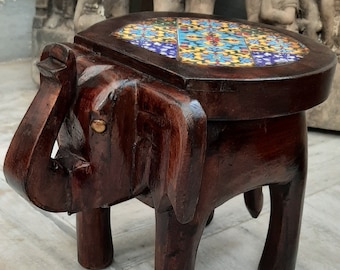 Brown Wooden Elephant Statue Decorative Stool/Multicolor Tiles Side Table/Home Decor Footstool/Elephant Table/Indian Furniture/Low Stool