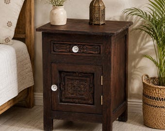 Hand Carved Mango Wood Nightstand – Rustic Indian Bedroom Storage Cabinet