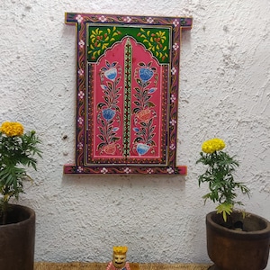 Wooden Window/Pink Embossed Painted Jharokha/Wall Decor/Handmade Frame/Wall Hanging Indian Window/Home Decor/Hand Painted Indian Window