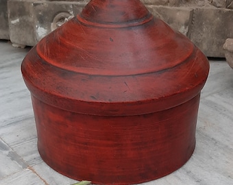 Vintage Wooden Hand Painted Box/Handmade Round Box/Storage Box/Home Decor/Medium Size Trinket Box/Red Painted Wooden Box/Indian Furniture