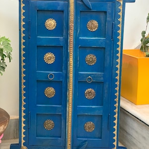 Hand geschnitztes Holz Jharokha: Blaue bemalte Fenster Wand Dekoration