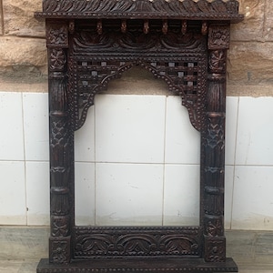 Hand Carved Wooden Jharokha: Vintage Floral Wall Hanging