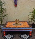 Wooden Indian Orange Blue Chowki/Bajot/Low Table/Hand Painted/Floral Design/Bed Table/Handmade/Home Decor/Wood Stool/Rajasthani Handicraft