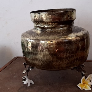 Antique Pure Brass Water Pot With Stand/Brass Planter Pot With Peacock Design Legs/Home Decor Flower Pot/Handcrafted Brass Pot On Three Legs