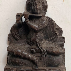 Old Wooden Hindu Lord Krishna Figurine/God Krishna Statue/Pooja Temple Divine Idol/Wall Hanging Statue/Black Polished Vintage Wood Figure