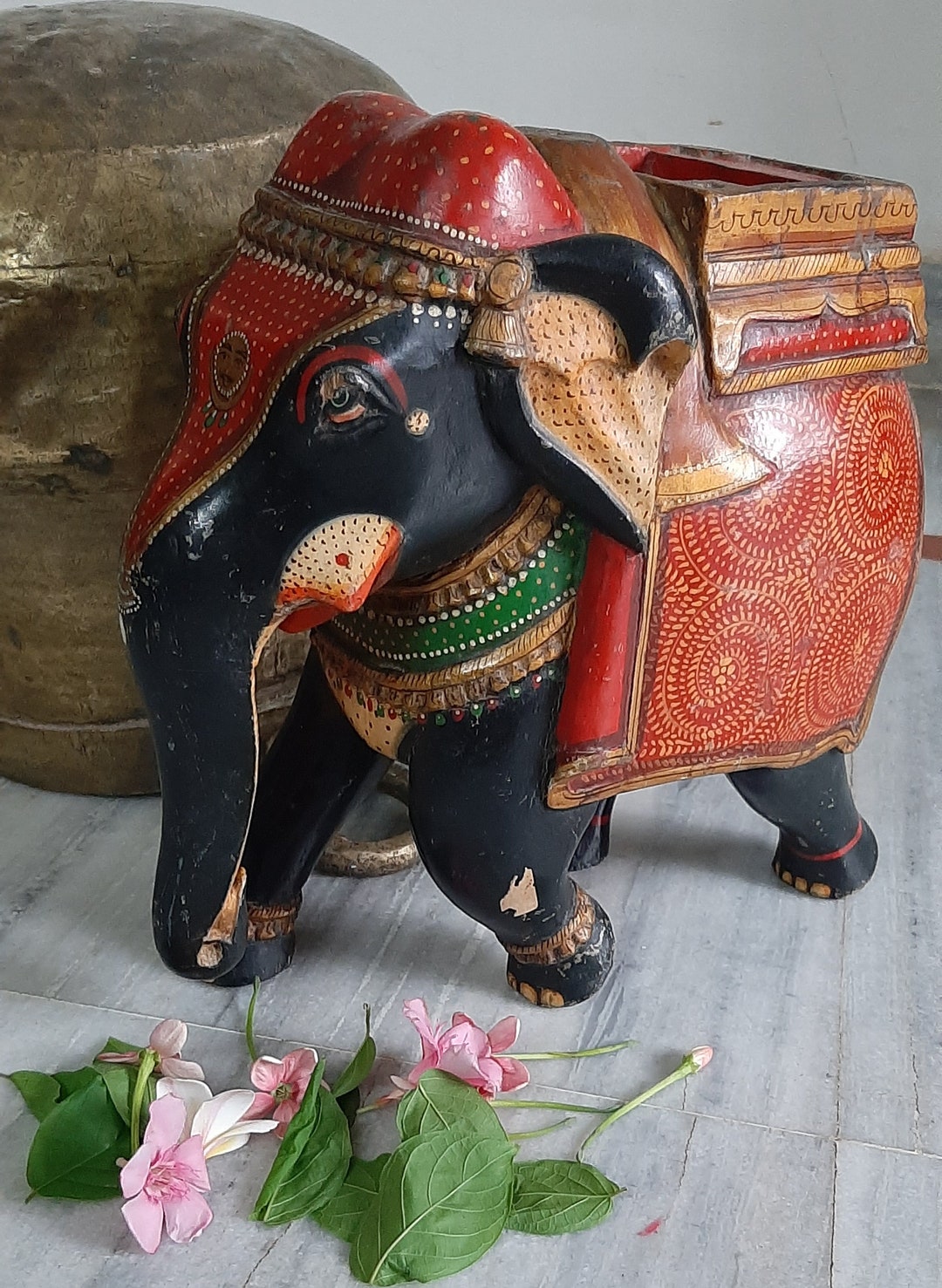 Vintage Wooden Elephant Statue/hand Carved Painted Elephant Figurine ...