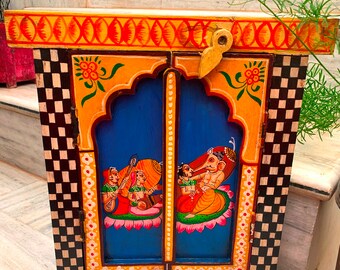 Hand Painted Ganesha Jharokha Frame: Indian Wooden Wall Decor