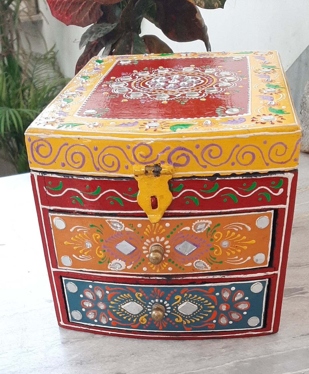 インドの伝統的なマルチカラー木製化粧箱/鏡細工/ジュエリーボックス 