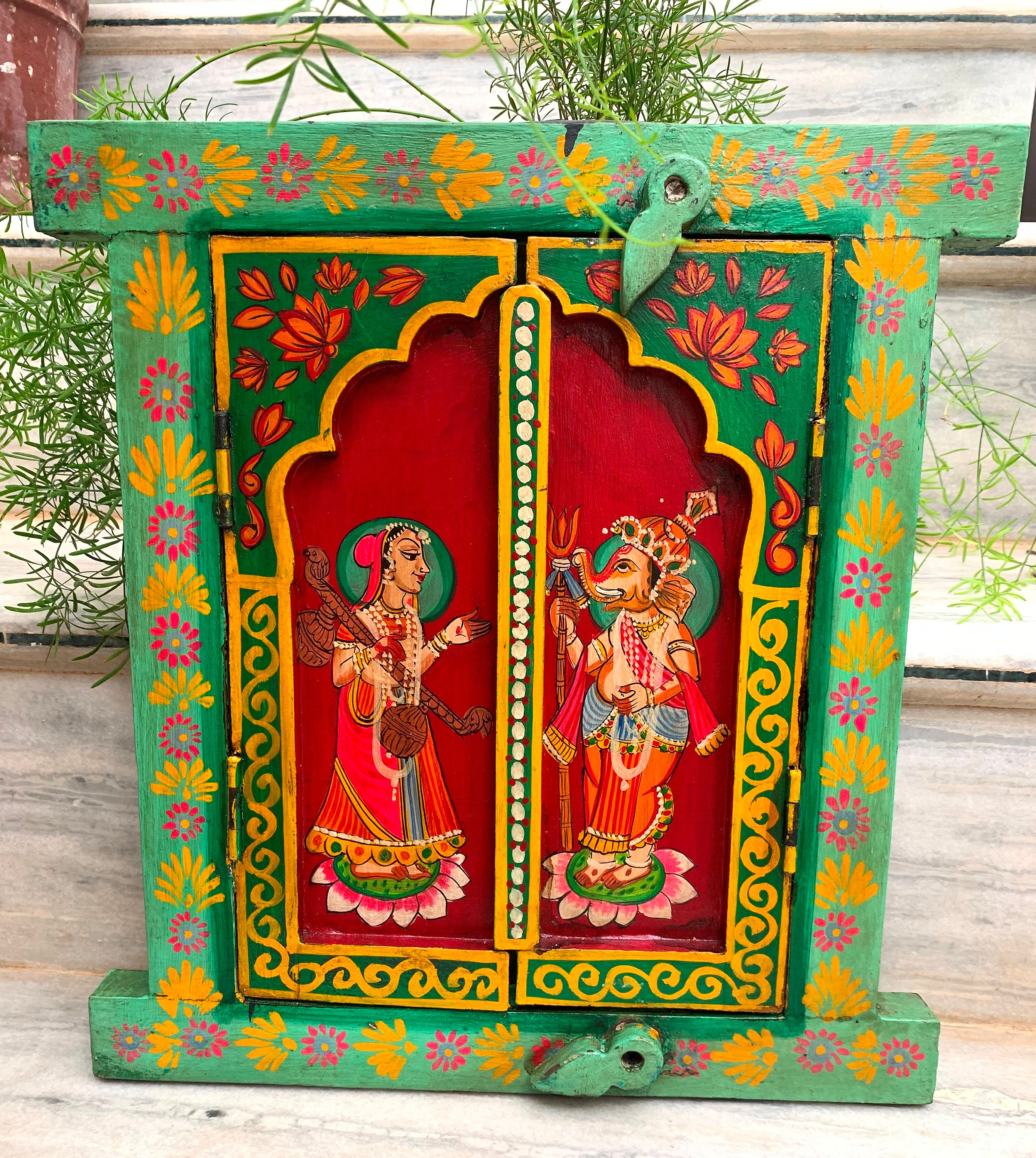 Hand Painted God Ganesha Wooden Window: Hindu Wall Decor Jharokha - Etsy