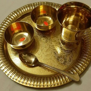 Vintage Brass Thali Plate Bowls Glass Spoon/Laddu Gopal Puja Bhog Thali Plate/Set Of 5pcs Indian Traditional Dinnerware/Handmade Gifting Art