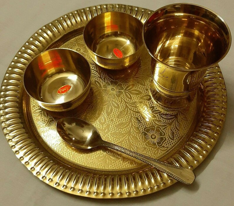 Vintage Brass Thali Plate Bowls Glass Spoon/Laddu Gopal Puja Bhog Thali Plate/Set Of 5pcs Indian Traditional Dinnerware/Handmade Gifting Art