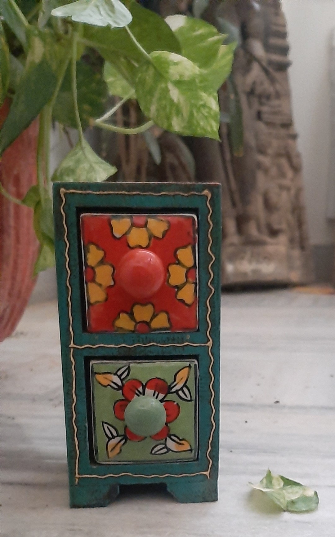 Vintage Style Wooden Cabinet: Painted Ceramic Drawers, Indian Folk Art ...