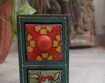 Vintage Style Wooden Painted 2 Ceramic Drawer/Embossed Painted Small Cabinet/Colorful Wooden Chest/Home Decor/Indian Furniture/Folk Art