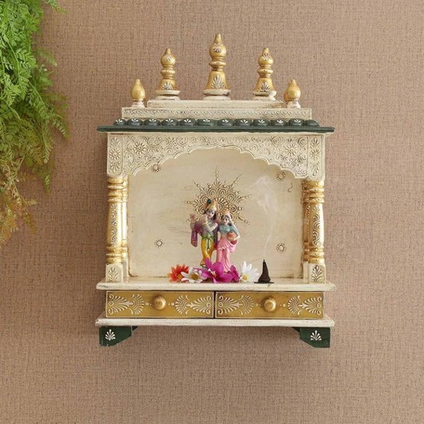 Antique Finish Wooden Mandir/Embossed Painted Wall Temple/White And Green Puja Ghar/Wall Hanging Worship Mandir/Indian Style Wooden Mandap