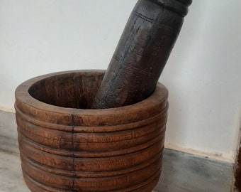 Hand Carved Antique Wooden Pestle And Mortar/Indian Traditional Spice Grinder/Brown Wood Mixer Masher/Old Kitchenware/Home Decor Musal Okhli