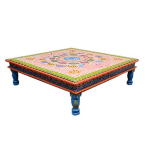 Wooden Indian Pink Painted Chowki/Bajot/Low Table/Hand Painted/Floral Design/Bed Table/Handmade/Home Decor/Wood Stool/Rajasthani Handicraft image 5