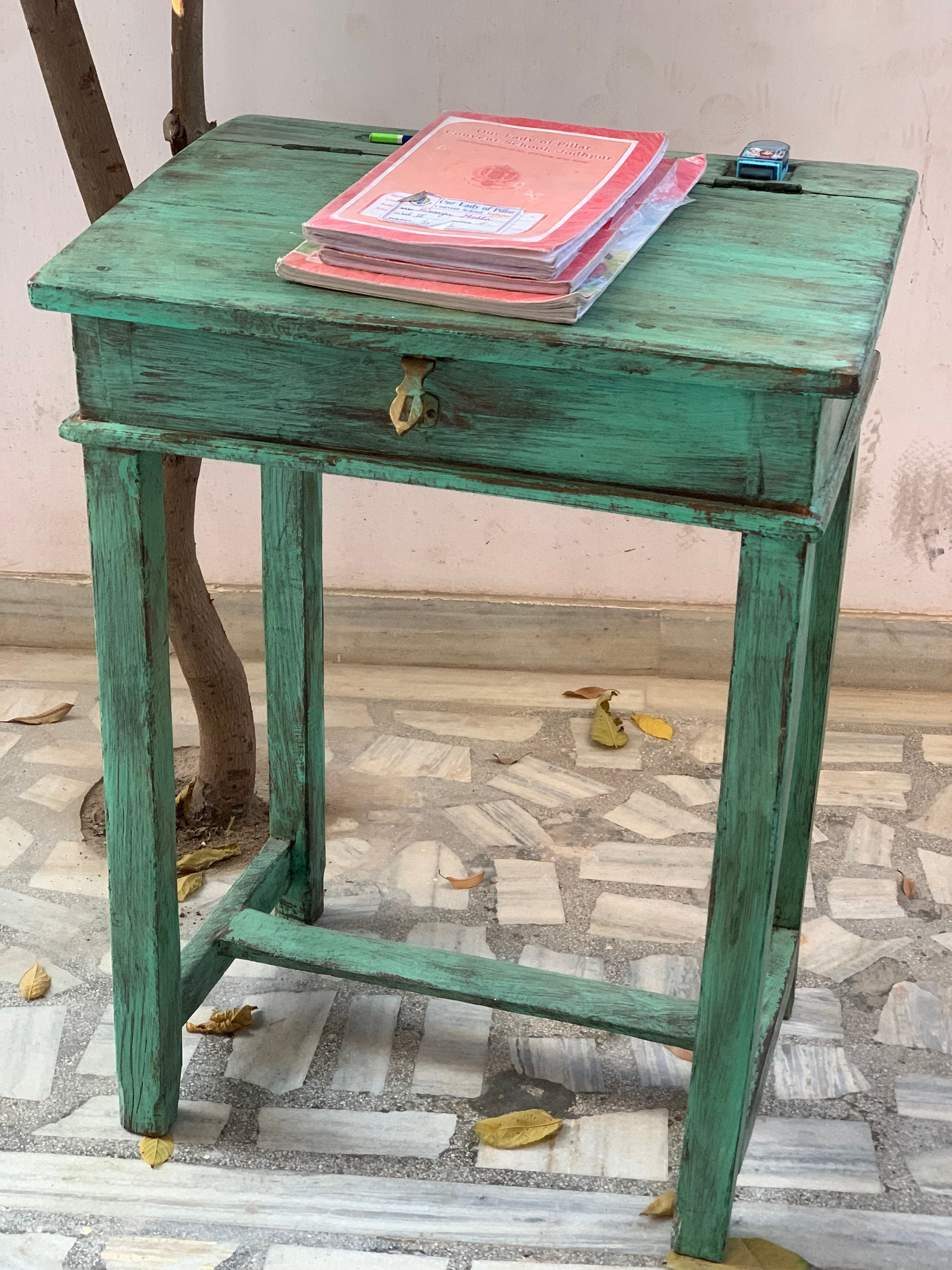 Vintage Green Painted Wood Writing Desk: Handmade Indian Furniture