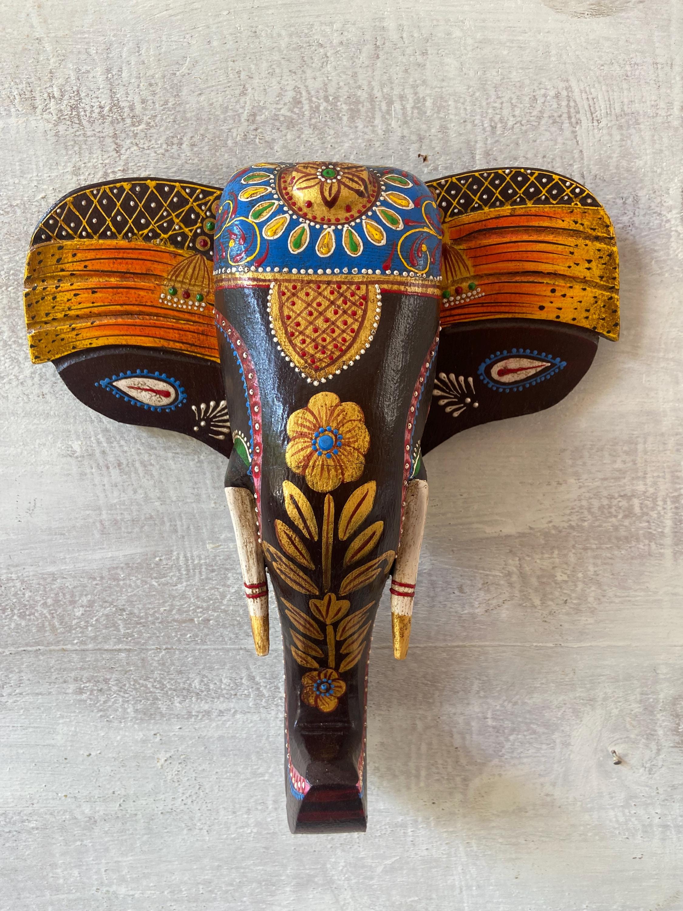 手彫りの木製象のマスク：インドの壁飾り - Etsy 日本