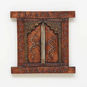 Handmade Wooden Wall Window/Wall Hanging Jharokha/Home Decor/Embossed Painted Jharokha/Wooden Ethnic Frame/Indian Furniture/Antique Finish image 7