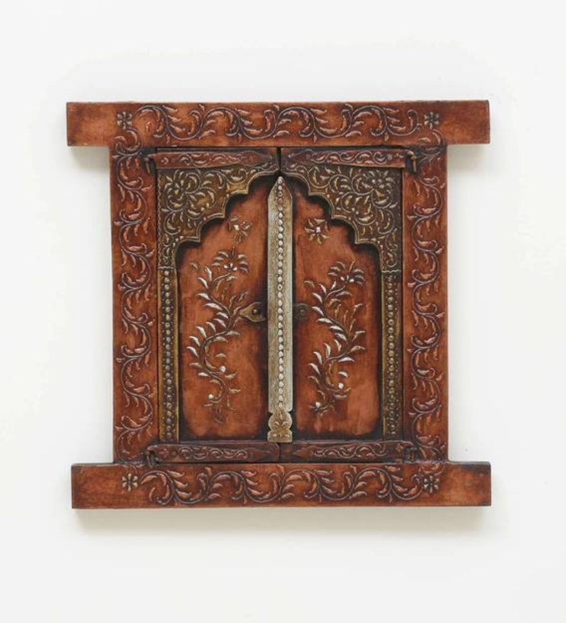 Handmade Wooden Wall Window/Wall Hanging Jharokha/Home Decor/Embossed Painted Jharokha/Wooden Ethnic Frame/Indian Furniture/Antique Finish image 7