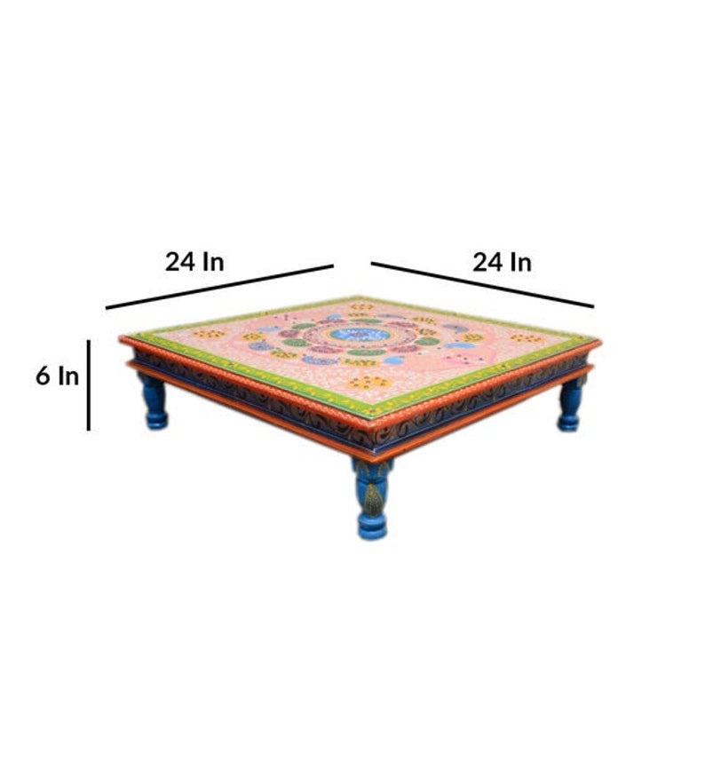 Wooden Indian Pink Painted Chowki/Bajot/Low Table/Hand Painted/Floral Design/Bed Table/Handmade/Home Decor/Wood Stool/Rajasthani Handicraft image 2