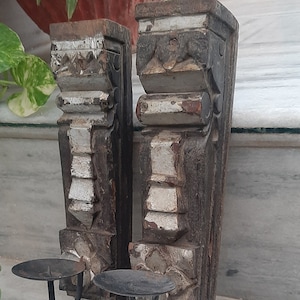Antique Wooden Wall Hanging Candle Holder/Old Hand Carved Rustic Wall Decor/Home Decor/Candlestick Holder/Indian Furniture/Iron Hooks Pair