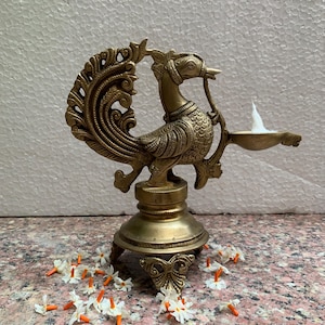 Indian Brass Décor Vintage Solid Brass Peacock Oil Lamp Hindu Home Room lamp  Religious Gifts Diwali Gift Home Décor