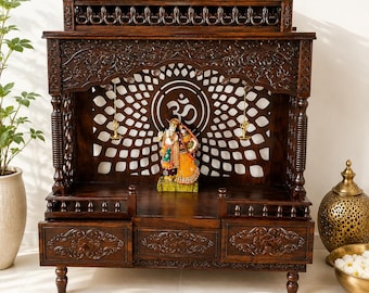Handgeschnitzter hölzerner Mandir – Indischer Haustempel, Hindu-Puja-Schrein