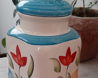 Ceramic Pickle Jar/Food Container With Lid/Beautiful Multi Color Floral Canister/Handmade Indian Traditional Achaar Bharni/Ceramic Big Jar