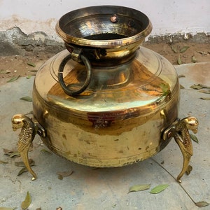 Vintage Brass Water Pot/Traditional Indian Mutka/Antique Brass Decor/Parrot Shape Leg Stand/Handmade Brass Water Vessel/Indian Kitchenware