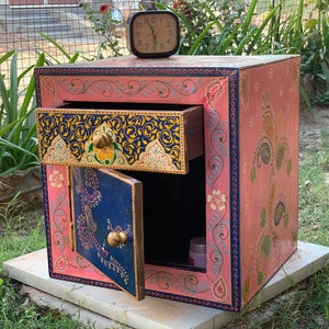 Hand Carved Indian Wooden Cabinet: Antique Floral Painted Storage Unit