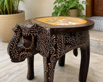 Hand Painted Wooden Elephant Stool | Indian Folk Art Side Table Plant Stand