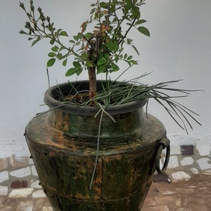 Old Hand Painted Iron Planter/Iron Metal Vase/Indoor Planter With Handles/Vintage Heavy Green Flower Pot/ Rustic Home Decor/Festival Decor