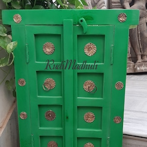 Rustic Green Wooden Window: Indian Wall Decor with Brass Fittings