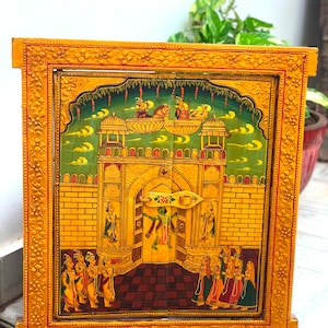 Vintage Lord Krishna bemalte Holzfenster: Indianerbe Wanddekor