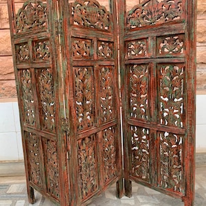 Vintage Hand Carved Wooden 3-Panel Room Divider/Indian Folding Screen/ Indian Room Divider/Rustic Wooden Divider/Home Decor/Wooden Partition