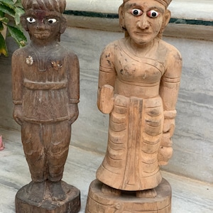 Vintage Hand Carved Wooden Statue Set: Indian Folk Art Home Decor