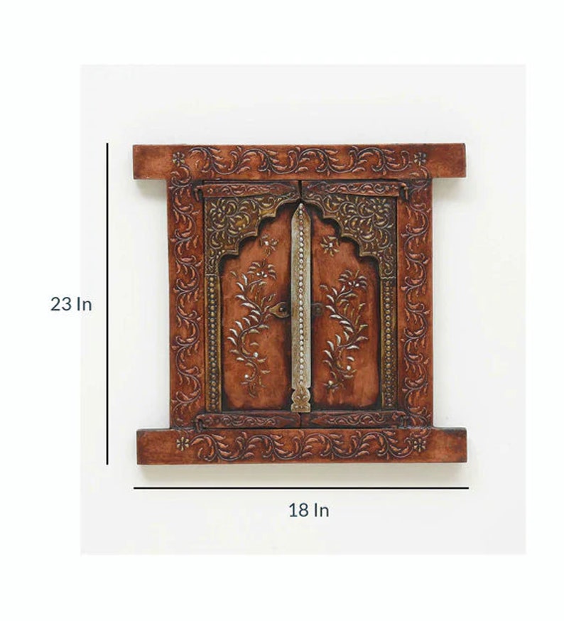 Handmade Wooden Wall Window/Wall Hanging Jharokha/Home Decor/Embossed Painted Jharokha/Wooden Ethnic Frame/Indian Furniture/Antique Finish image 2