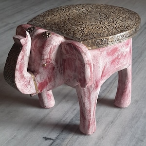 Wooden And Brass Fitted Handmade Elephant Stool/Miniature Decorative Elephant Shape Stool/Home Decor/Indian Furniture/Floral Brass Design