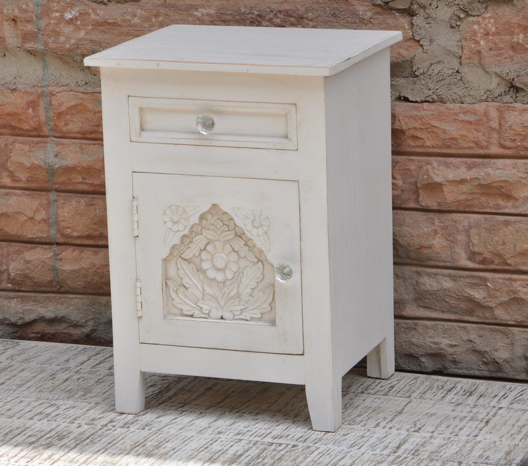 Handcrafted Mango Wood Nightstand: White Bedside Table With Drawer - Etsy