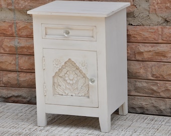 Handcrafted Mango Wood Nightstand: White Bedside Table with Drawer