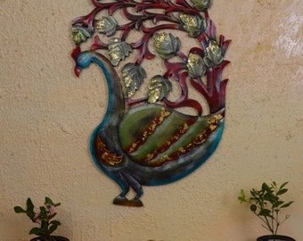 Hand Carved Wooden Peacock Wall Panel: Indian Festival Decor