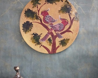 Handmade Wooden Plate,Hand Painted Plate,Bird Tree Painting,Decorative Wall Hanging,Hand Painted Wooden,Wall Hanging Plate,Round Wall Decor