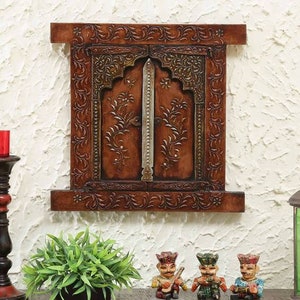 Handmade Wooden Wall Window/Wall Hanging Jharokha/Home Decor/Embossed Painted Jharokha/Wooden Ethnic Frame/Indian Furniture/Antique Finish image 1