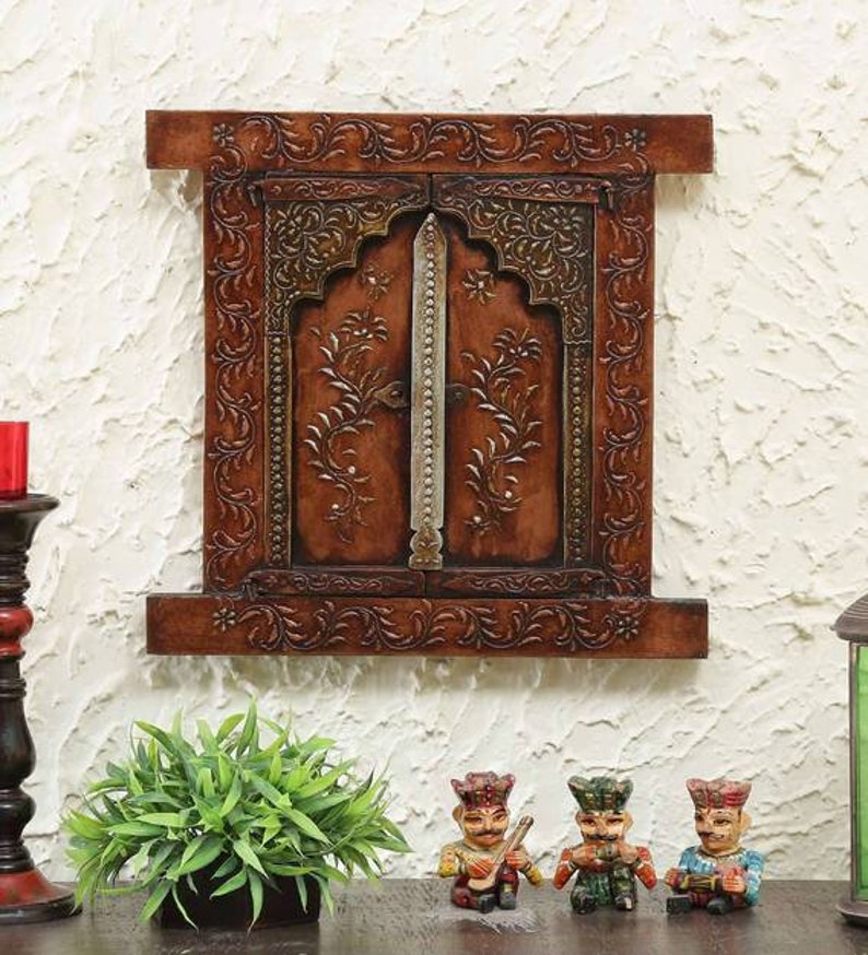 Handmade Wooden Wall Window/Wall Hanging Jharokha/Home Decor/Embossed Painted Jharokha/Wooden Ethnic Frame/Indian Furniture/Antique Finish image 1