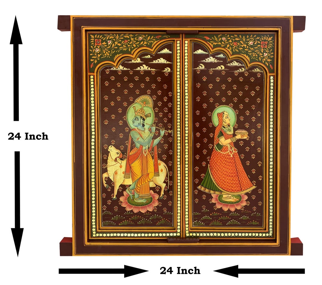 Radha Krishna Hand-painted Wooden Window: Hindu Wall Decor (24x24) - Etsy