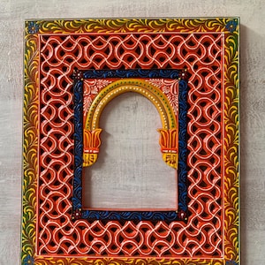 Wall Hanging Indian Mehrab Frame/Decorative Jharokha Hand-Painted Wooden Jharokha/Traditional Indian Frame for Home Decor and Festival Gifts